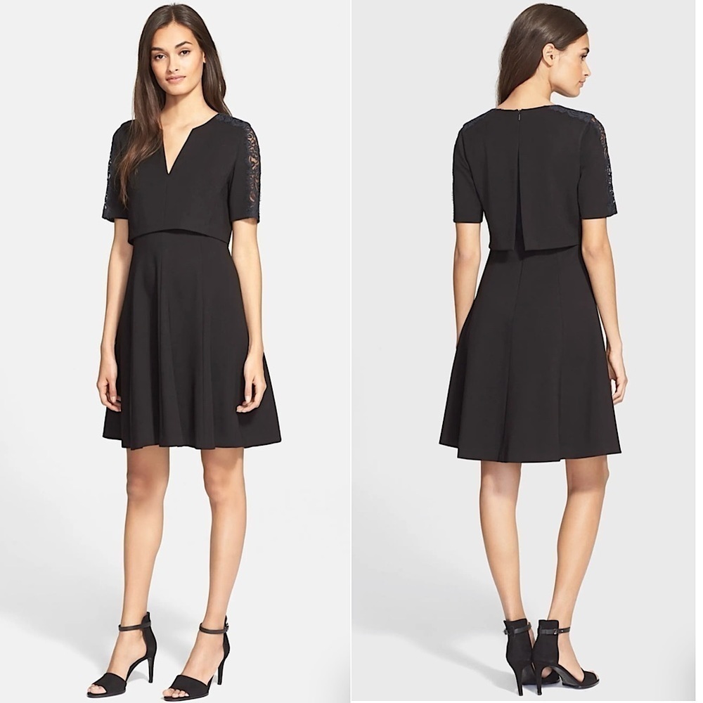 REBECCA TAYLOR Lace Trim Short Sleeve Ponte Knit Crepe Fit & Flare Mini‎ Dress 0